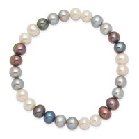 6-7mm Black Grey White Semi-Round Freshwater Cultured Pearl Stretch Bracelet view 2