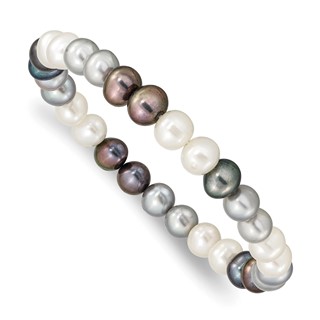 "6-7mm Black, Grey and White Semi-Round Freshwater Cultured Pearl Stretch Bracelet "