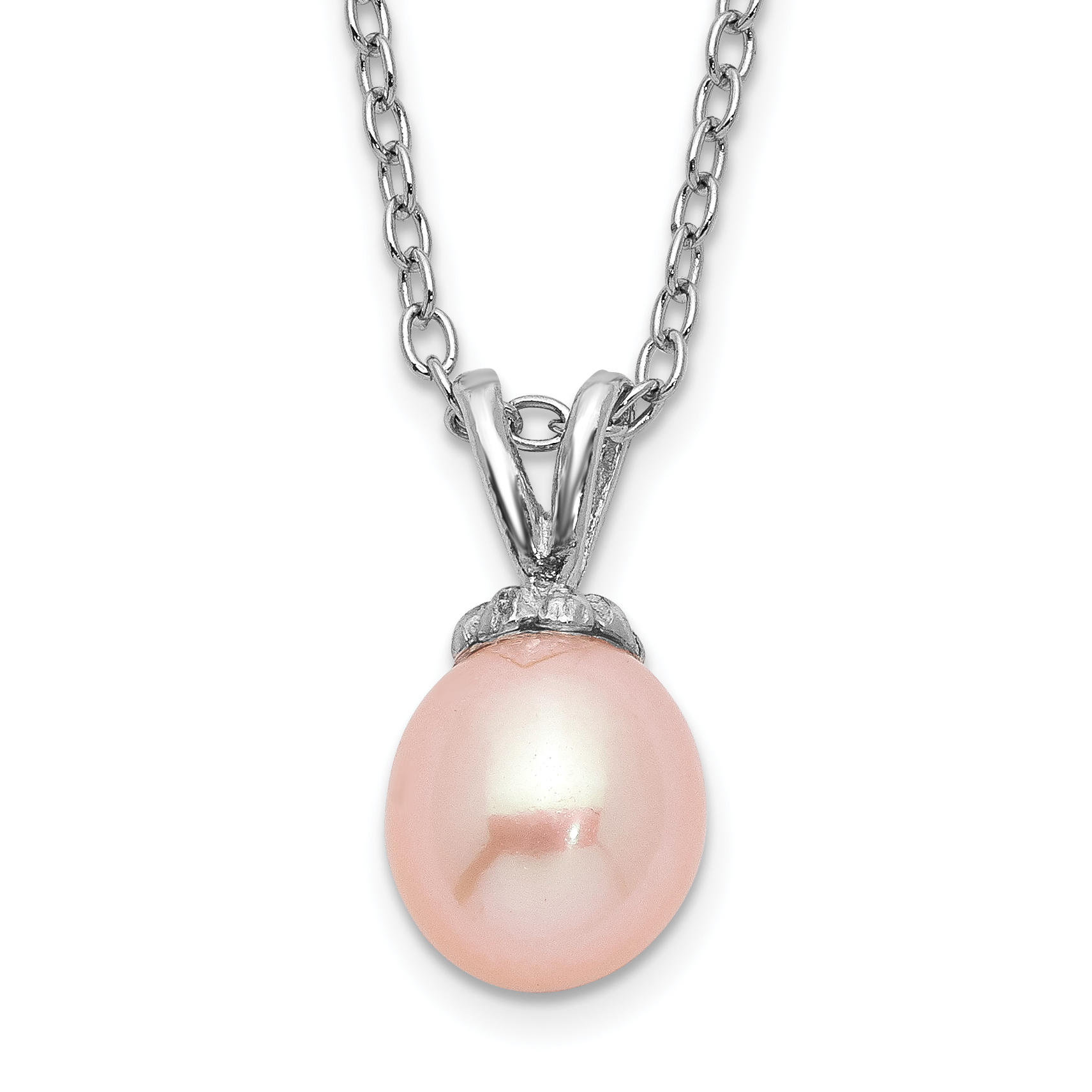 Sterling Silver Madi K Rhodium-plated 6-7mm Pink Rice Freshwater Cultured Pearl 14 inch Necklace (QH5467-14)