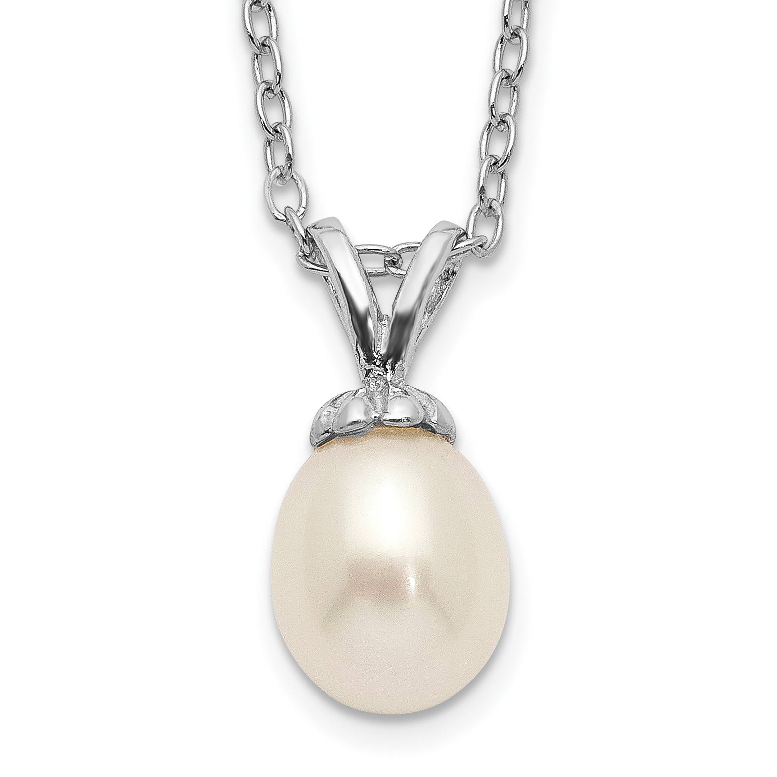 Sterling Silver Madi K Rhodium-plated 6-7mm White Rice Freshwater Cultured Pearl 14 inch Necklace (QH5468-14)