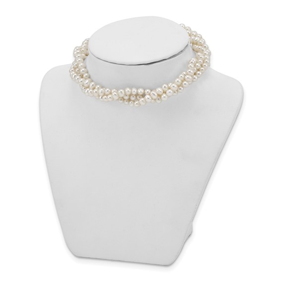 Sterling Silver Rhodium-plated 5-6mm White Semi-Round Freshwater Cultured Pearl 14 inch with 1.5 inch Choker