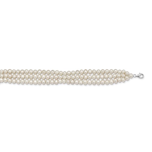 Sterling Silver Rhodium-plated 5-6mm White Semi-Round Freshwater Cultured Pearl 3-Srand Necklace with 1.5 Inch Extension Choker, 14"