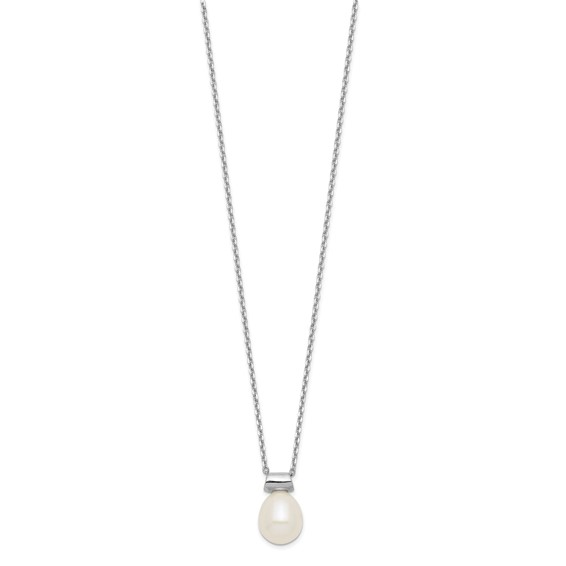 Sterling Silver Rhodium-plated 7-7.5mm White Rice Freshwater Cultured Pearl 16 inch with 1.5 inch Extension Necklace