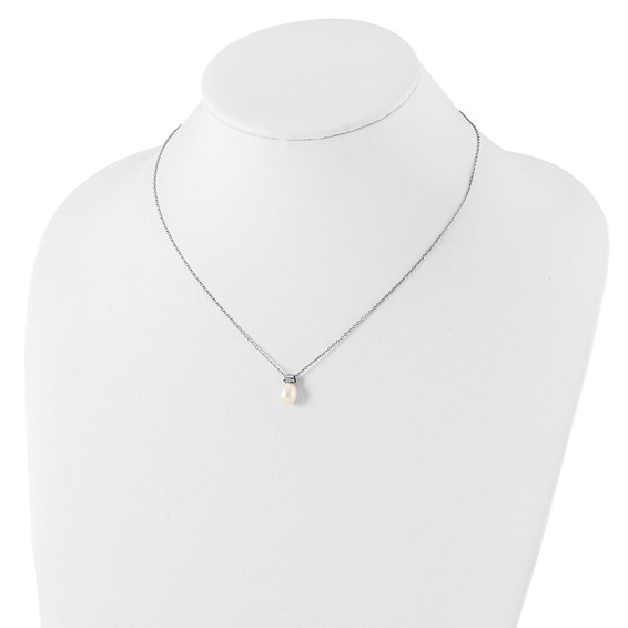 Sterling Silver Rhodium-plated 7-7.5mm White Rice Freshwater Cultured Pearl 16 inch with 1.5 inch Extension Necklace