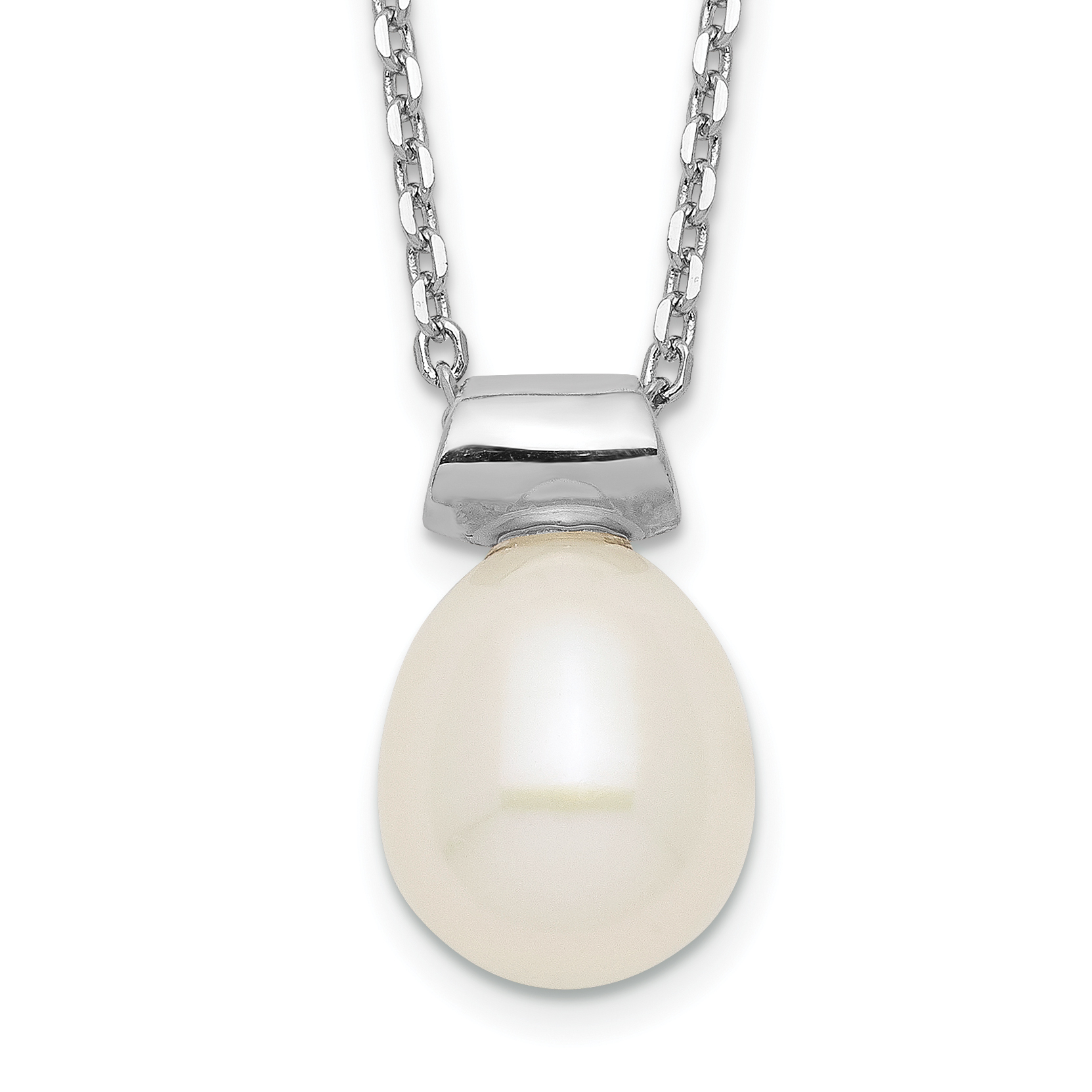 Sterling Silver Rhodium-plated 7-7.5mm White Rice Freshwater Cultured Pearl 16 inch with 1.5 inch Extension Necklace (QH5473-16)