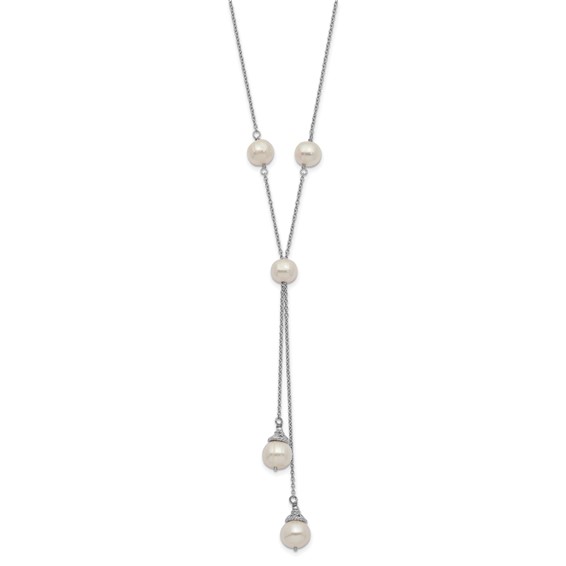 Sterling Silver Rhodium-plated 6-9mm White Teardrop and Semi-Round Freshwater Cultured Pearl 9-Station 2 drop 16 inch with 2 inch Extension Necklace