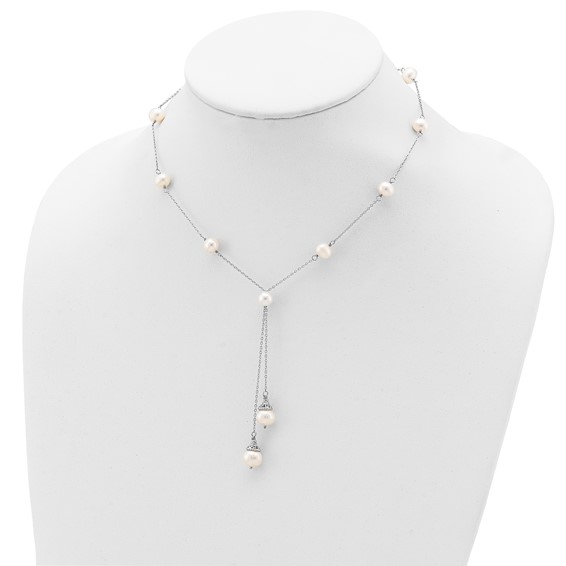 Sterling Silver Rhodium-plated 6-9mm White Teardrop and Semi-Round Freshwater Cultured Pearl 9-Station 2 drop 16 inch with 2 inch Extension Necklace