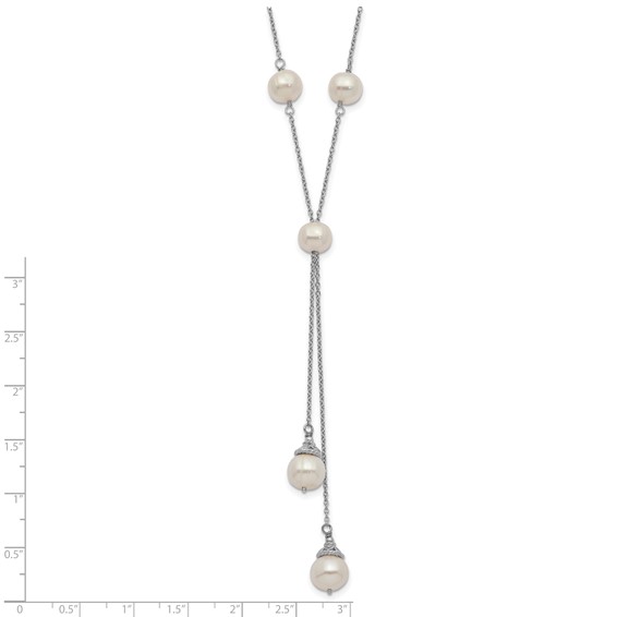 Sterling Silver Rhodium-plated 6-9mm White Teardrop and Semi-Round Freshwater Cultured Pearl 9-Station 2 drop 16 inch with 2 inch Extension Necklace