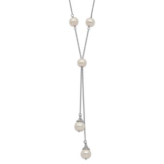 Sterling Silver Rhodium-plated 6-9mm White Teardrop and Semi-Round Freshwater Cultured Pearl 9-Station 2 drop 16 inch with 2 inch Extension Necklace