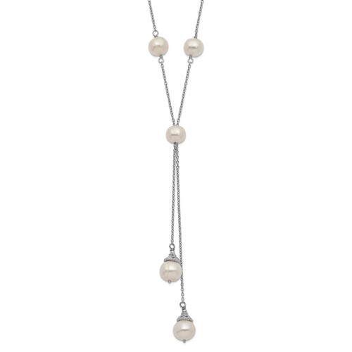 Sterling Silver Rhodium-plated 6-9mm White Teardrop and Semi-Round Freshwater Cultured Pearl 9-Station 2 Drop Necklace with 2 Inch Extension, 16"