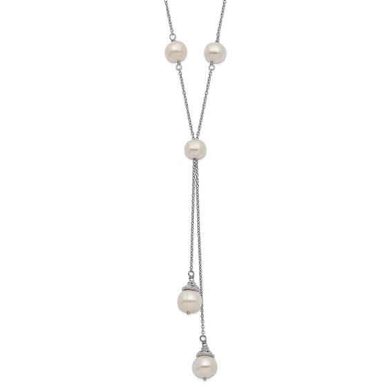 Sterling Silver Rhodium-plated 6-9mm White Teardrop and Semi-Round Freshwater Cultured Pearl 9-Station 2 drop 16 inch with 2 inch Extension Necklace