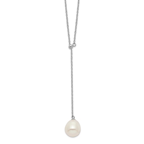 Sterling Silver Rhodium-plated 10-11mm White Rice Freshwater Cultured Pearl Drop 16.5 inch Necklace