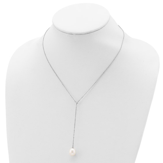 Sterling Silver Rhodium-plated 10-11mm White Rice Freshwater Cultured Pearl Drop 16.5 inch Necklace