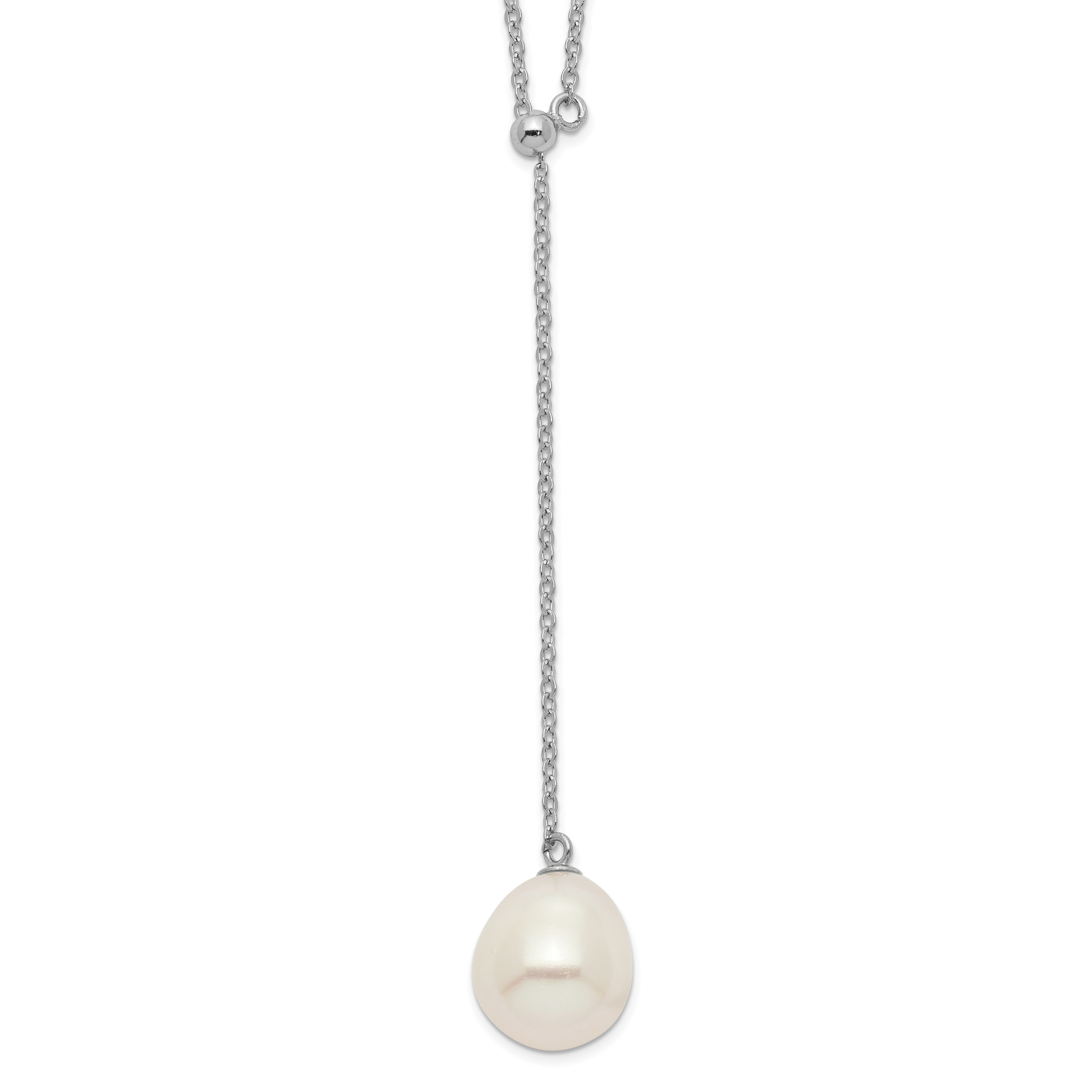 Sterling Silver Rhodium-plated 10-11mm White Rice Freshwater Cultured Pearl Drop 16.5 inch Necklace (QH5476-16.5)