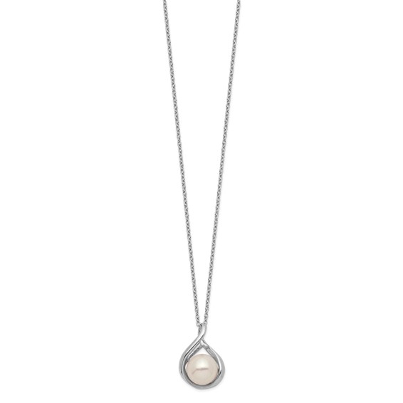 Sterling Silver Rhodium-plated 9-10mm White Button Freshwater Cultured Pearl 17 inch Necklace
