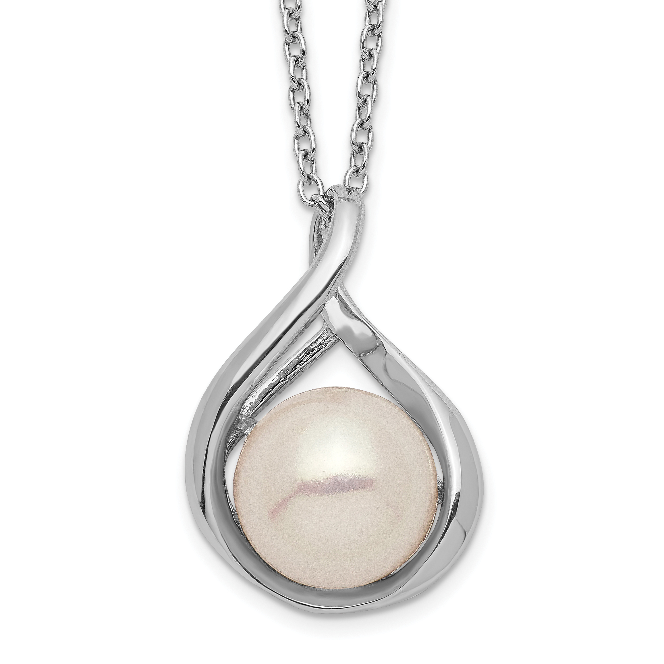 Sterling Silver Rhodium-plated 9-10mm White Button Freshwater Cultured Pearl 17 inch Necklace (QH5483-17)