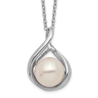 Sterling Silver Rhodium-plated 9-10mm White Button Freshwater Cultured Pearl Necklace, 17" view 1