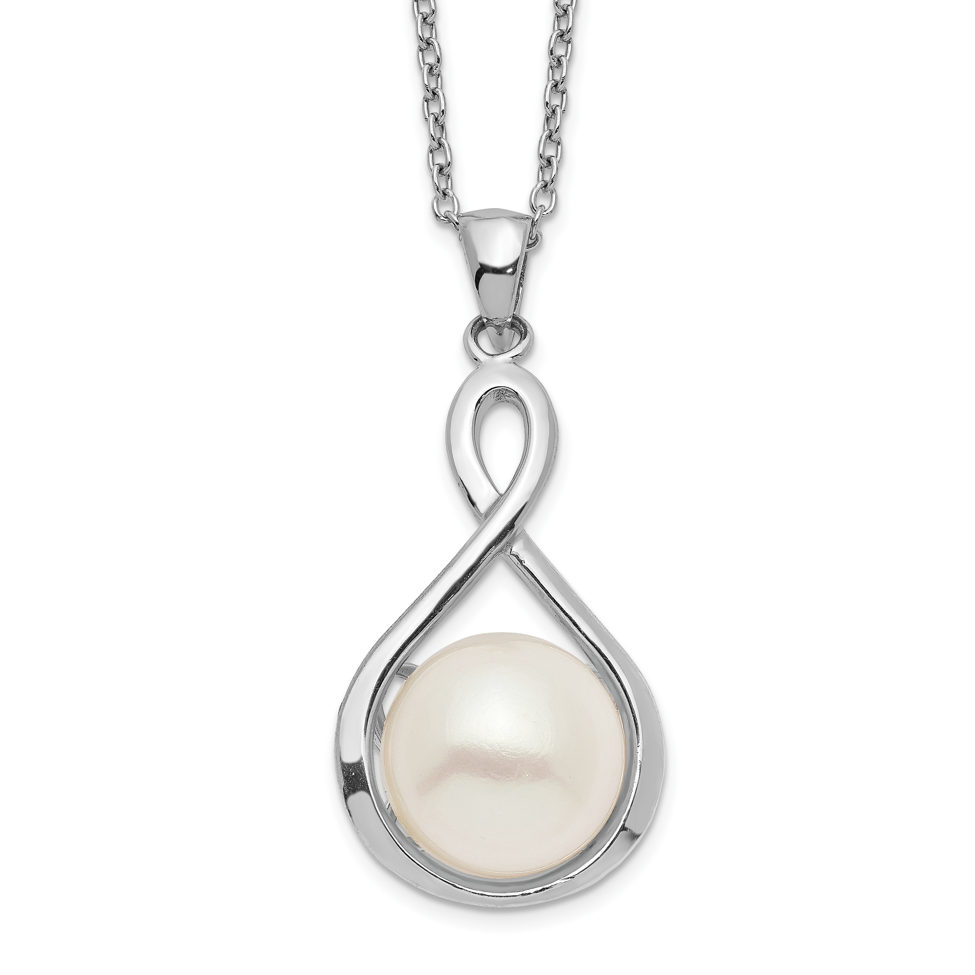 Sterling Silver Rhodium-plated 10-11mm White Button Freshwater Cultured Pearl 17 inch Necklace (QH5484-17)
