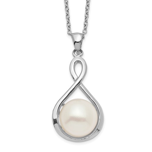 Sterling Silver Rhodium-plated 10-11mm White Button Freshwater Cultured Pearl Necklace, 17"
