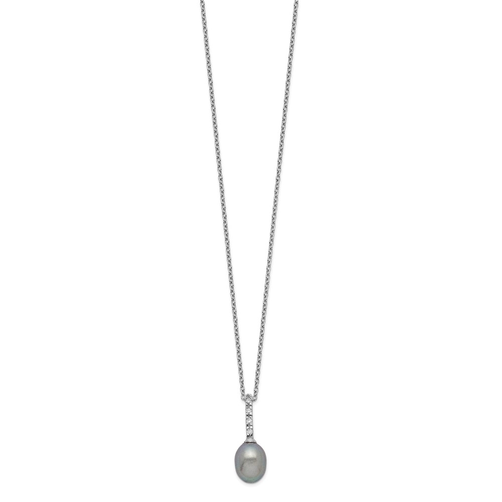 Sterling Silver Rhodium-plated 7-8mm Grey Teardrop Freshwater Cultured Pearl and CZ 17 inch Necklace (QH5486-17)