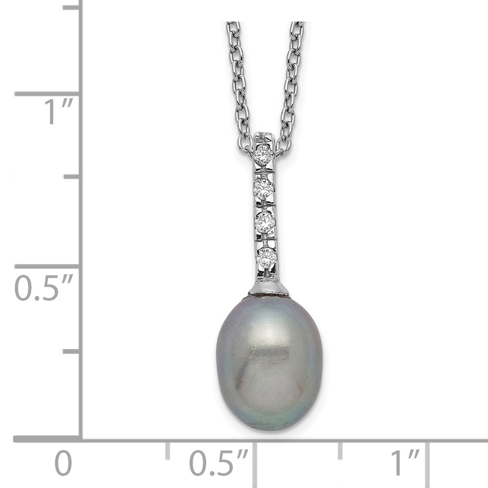 Sterling Silver Rhodium-plated 7-8mm Grey Teardrop Freshwater Cultured Pearl and CZ 17 inch Necklace (QH5486-17)