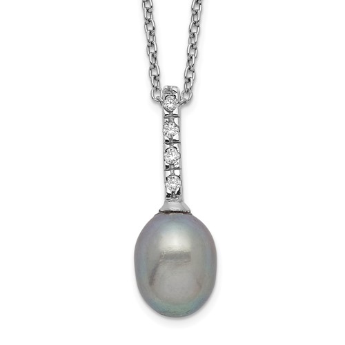 Sterling Silver Rhodium-plated 7-8mm Grey Teardrop Freshwater Cultured Pearl and CZ Necklace, 17"