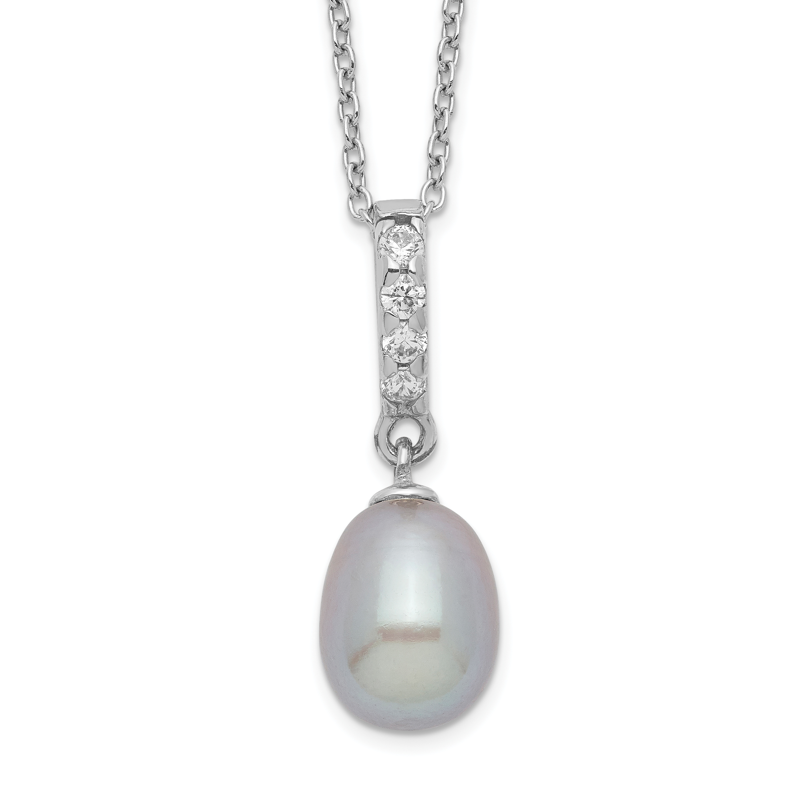 Sterling Silver Rhodium-plated 8-9mm Grey Teardrop Freshwater Cultured Pearl and CZ 17 inch Necklace (QH5488-17)