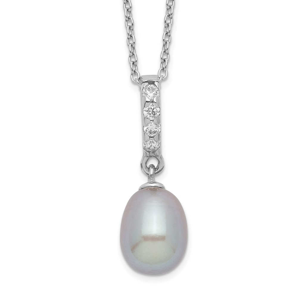 Sterling Silver Rhodium-plated 8-9mm Grey Teardrop Freshwater Cultured Pearl and CZ 17 inch Necklace (QH5488-17)