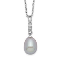 Sterling Silver Rhodium-plated 8-9mm Grey Teardrop Freshwater Cultured Pearl and CZ Necklace, 17" view 1