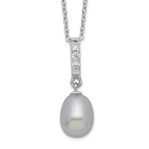 Sterling Silver Rhodium-plated 8-9mm Grey Teardrop Freshwater Cultured Pearl and CZ Necklace, 17"
