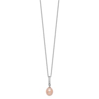 Sterling Silver Rhodium-plated 8-9mm Pink Teardrop Freshwater Cultured Pearl and CZ Necklace, 17" view 2