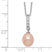 Sterling Silver Rhodium-plated 8-9mm Pink Teardrop Freshwater Cultured Pearl and CZ Necklace, 17" view 3