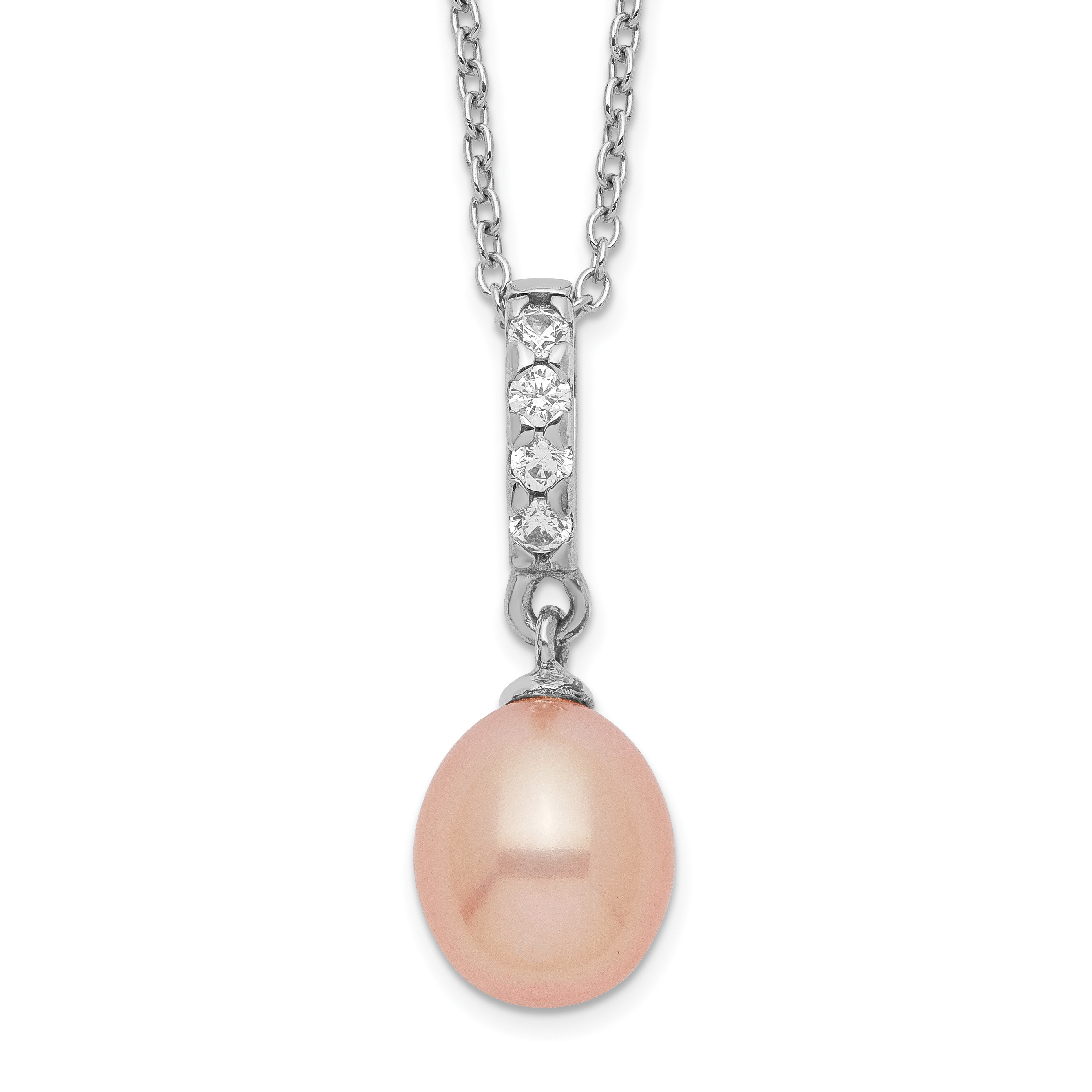 Sterling Silver Rhodium-plated 8-9mm Pink Teardrop Freshwater Cultured Pearl and CZ 17 inch Necklace (QH5489-17)