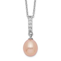 Sterling Silver Rhodium-plated 8-9mm Pink Teardrop Freshwater Cultured Pearl and CZ Necklace, 17" view 1