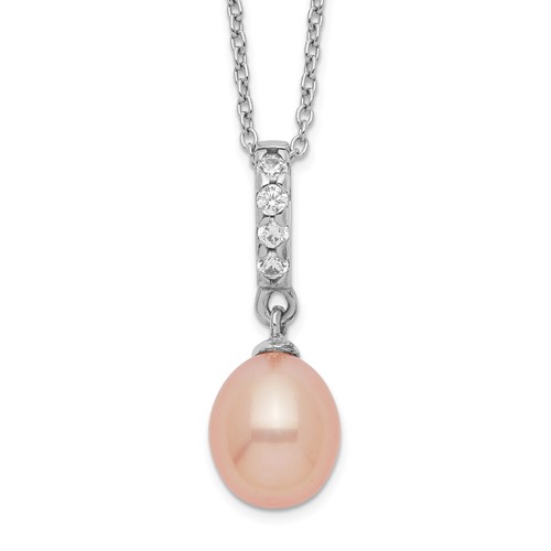 Sterling Silver Rhodium-plated 8-9mm Pink Teardrop Freshwater Cultured Pearl and CZ Necklace, 17"