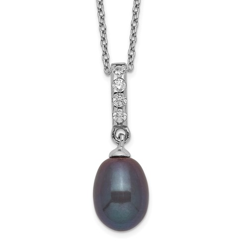 Sterling Silver Rhodium-plated 8-9mm Black Teardrop Freshwater Cultured Pearl and CZ Necklace, 17"