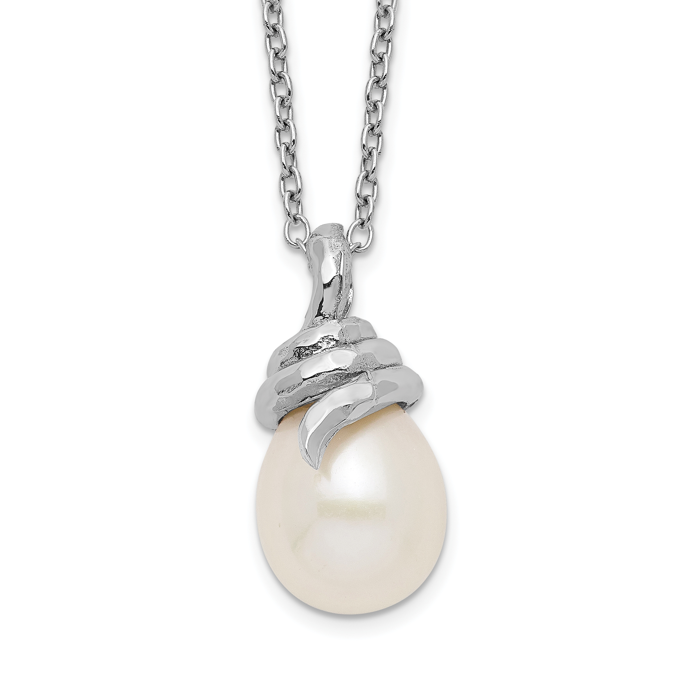 Sterling Silver Rhodium-plated 8-9mm White Teardrop Freshwater Cultured Pearl 17 inch Necklace (QH5493-17)