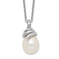 Sterling Silver Rhodium-plated 8-9mm White Teardrop Freshwater Cultured Pearl Necklace, 17" view 1