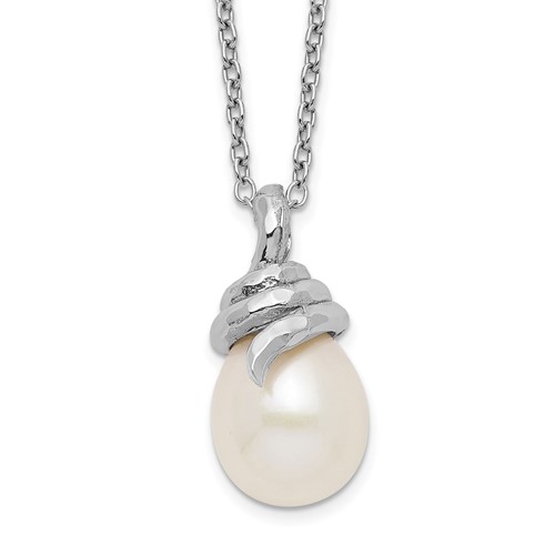 Sterling Silver Rhodium-plated 8-9mm White Teardrop Freshwater Cultured Pearl Necklace, 17"