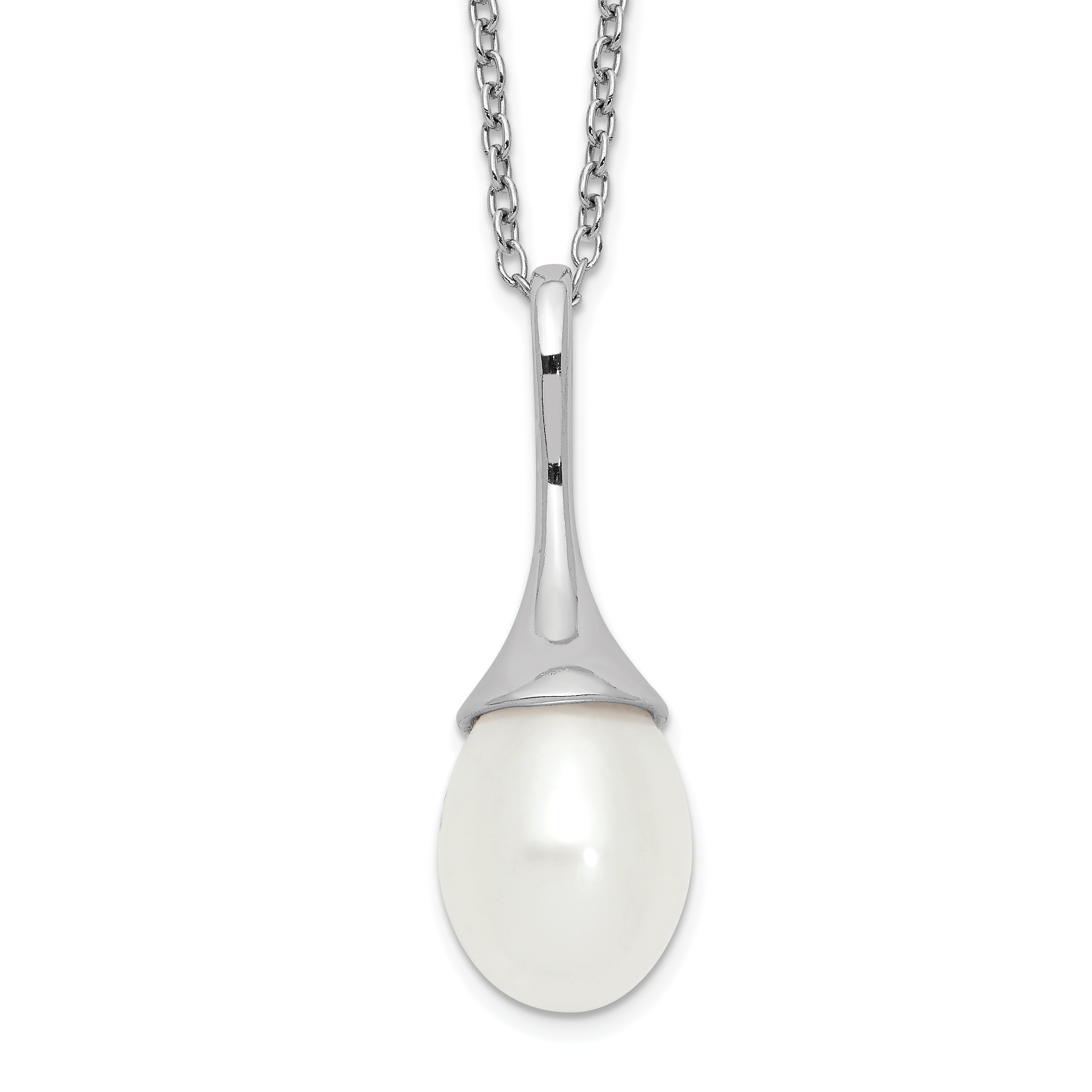Sterling Silver Rhodium-plated 8-9mm White Teardrop Freshwater Cultured Pearl 17 inch Necklace (QH5494-17)