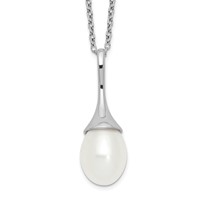 Sterling Silver Rhodium-plated 8-9mm White Teardrop Freshwater Cultured Pearl Necklace, 17" view 1