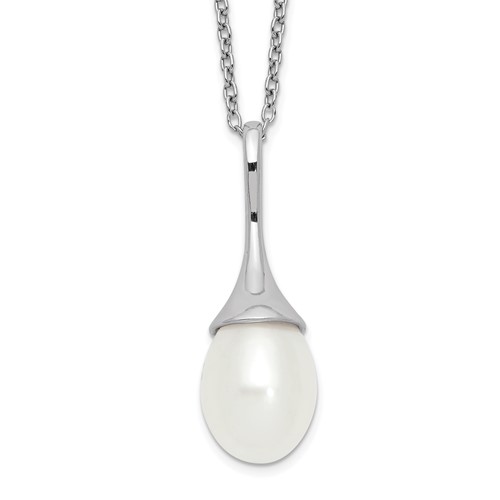 Sterling Silver Rhodium-plated 8-9mm White Teardrop Freshwater Cultured Pearl Necklace, 17"
