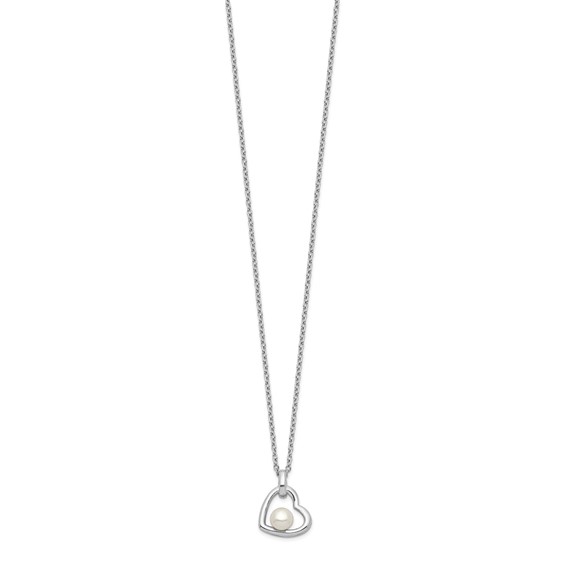 Sterling Silver Rhodium-plated 4-5mm White Button Freshwater Cultured Pearl Heart 17 inch Necklace