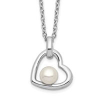 Sterling Silver Rhodium-plated 4-5mm White Button Freshwater Cultured Pearl Heart Necklace, 17" view 1