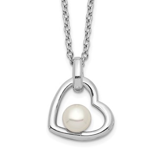 Sterling Silver Rhodium-plated 4-5mm White Button Freshwater Cultured Pearl Heart 17 inch Necklace
