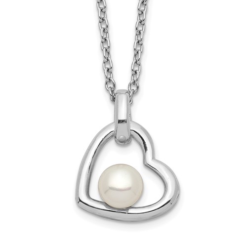Sterling Silver Rhodium-plated 4-5mm White Button Freshwater Cultured Pearl Heart Necklace, 17"