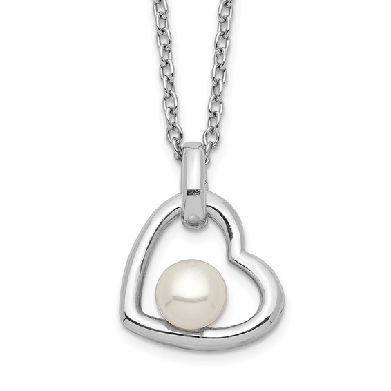 Sterling Silver Rhodium-plated 4-5mm White Button Freshwater Cultured Pearl Heart 17 inch Necklace