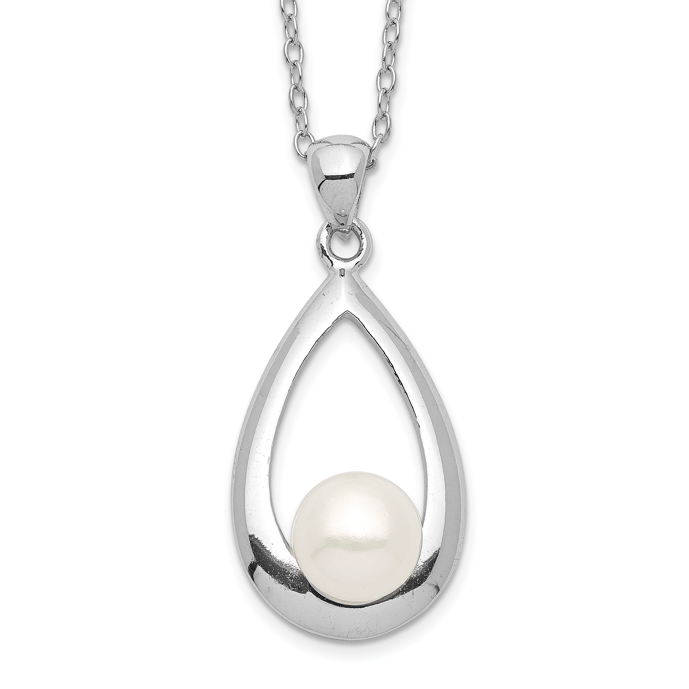 Sterling Silver Rhodium-plated 6-7mm White Button Freshwater Cultured Pearl 17 inch Necklace (QH5496-17)