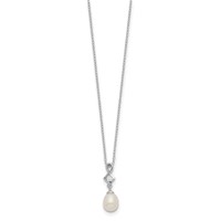 Sterling Silver Rhodium-plated 6-7mm White Teardrop Freshwater Cultured Pearl and CZ Necklace, 17" view 2