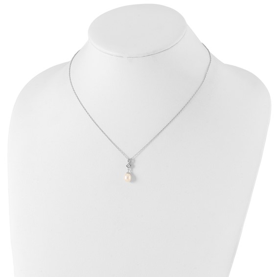 Sterling Silver Rhodium-plated 6-7mm White Teardrop Freshwater Cultured Pearl and CZ 17 inch Necklace